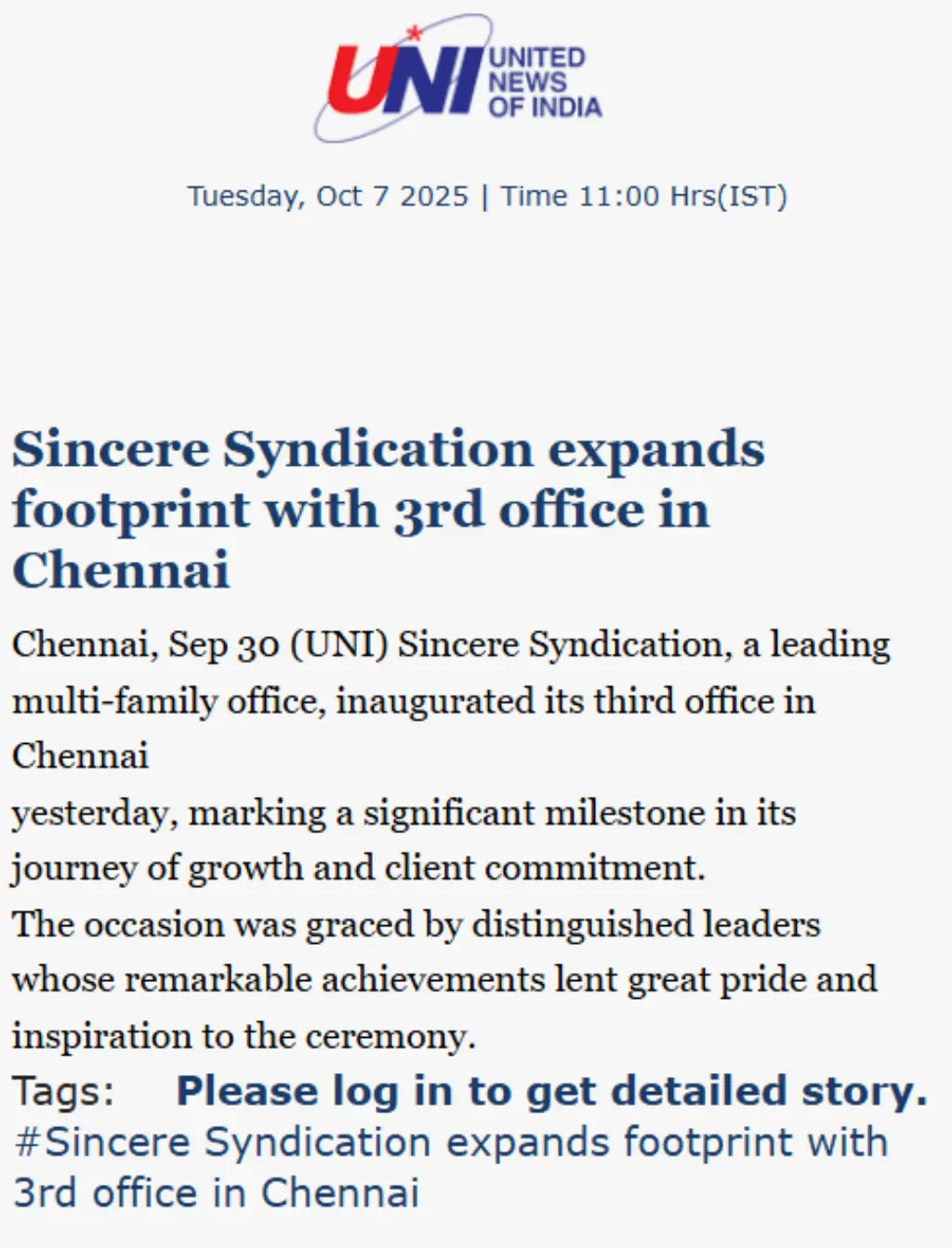 UNI news agency coverage of Sincere Syndication's third Chennai office inauguration