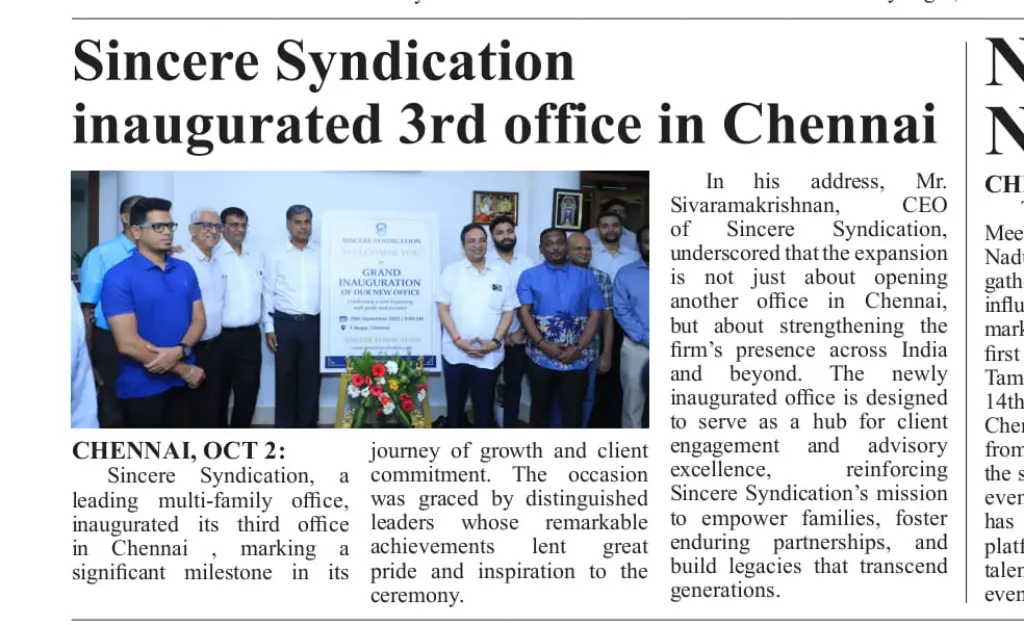 Afternoon Times newspaper coverage of Sincere Syndication's third Chennai office inauguration