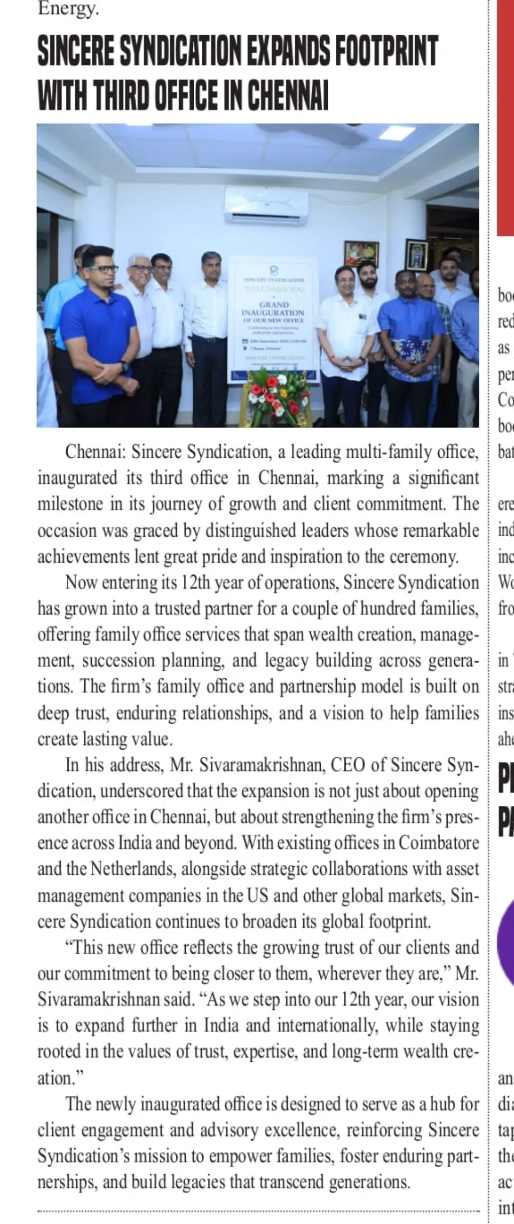 Southern Mail newspaper coverage of Sincere Syndication's third Chennai office inauguration
