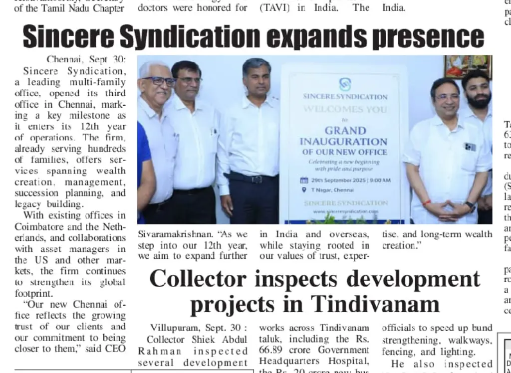 Trinity Mirror newspaper coverage of Sincere Syndication's third Chennai office inauguration